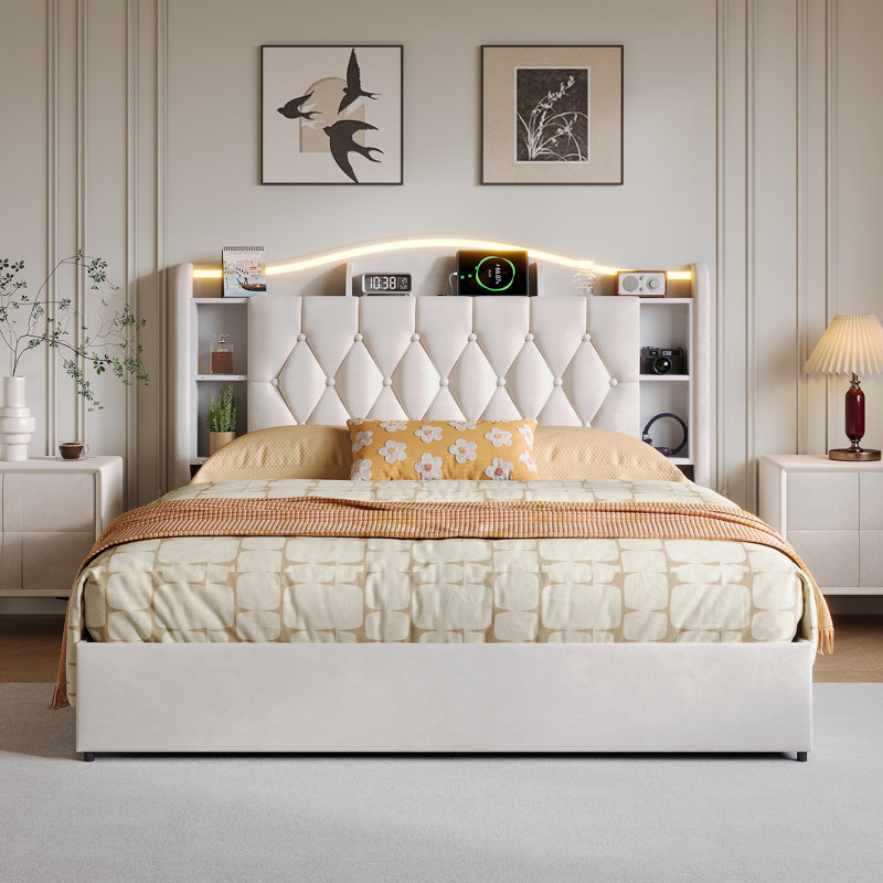 Solid Wood Ottoman Storage Bed, Beige, European Kingsize (160 x 200 cm)