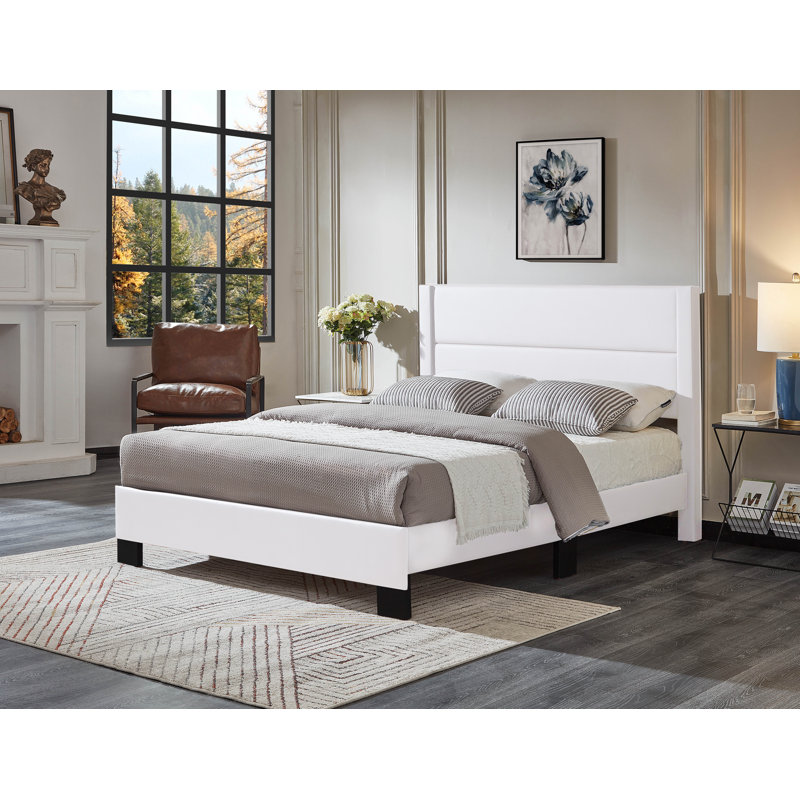 Lit plateforme tapissier avec tête de lit capitonnée horizontale, blanc, très grand, Blanc, Très grand