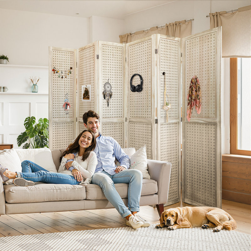 Natural Wood 6-Panel Folding Pegboard Room Divider
