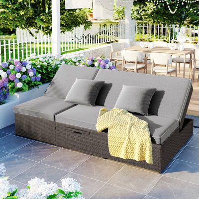 Lit de bronzage extérieur double, chaises de patio inclinables en rotin d'osier avec dossier et siège réglables, ensemble conversationnel pour 2 personnes, gris