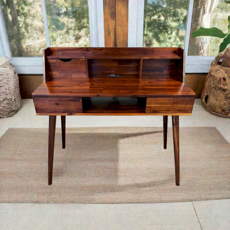 Calman Solid Wood Writing Desk with Power Outlet