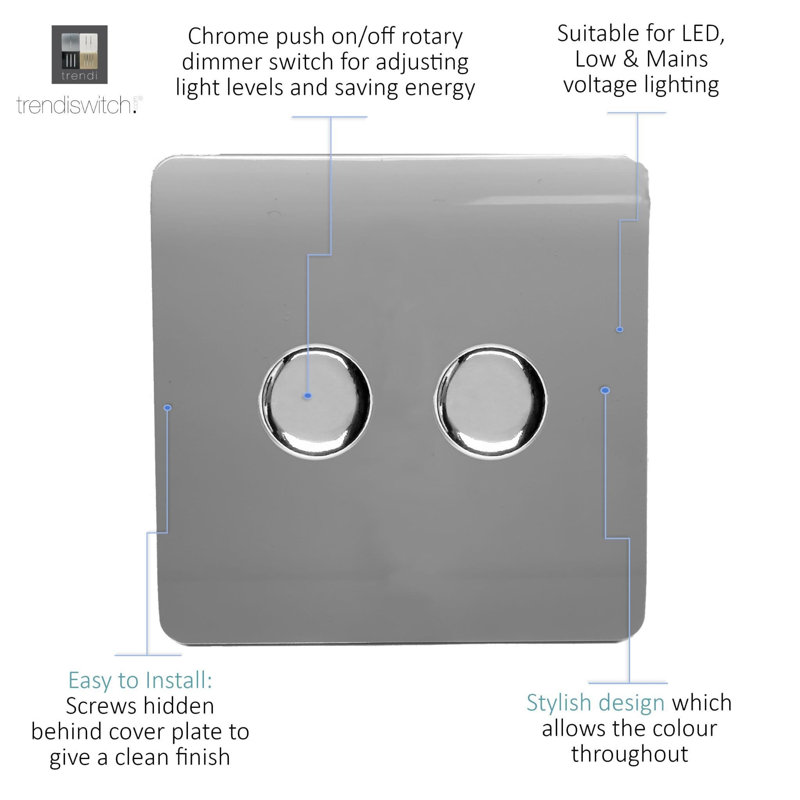 Trendi Switch 2 Gang 1 or 2 way 100w Rotary LED Dimmer Light Switch, Light Grey