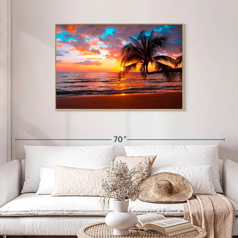 Coucher de soleil sur l'île, Cadre flottant en bois naturel, 43 po x 29 po