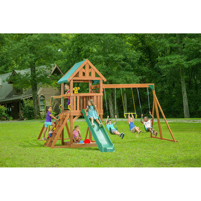 Ensemble de jeu Mountain View avec toit bâche et accessoires multicolores, glissade verte