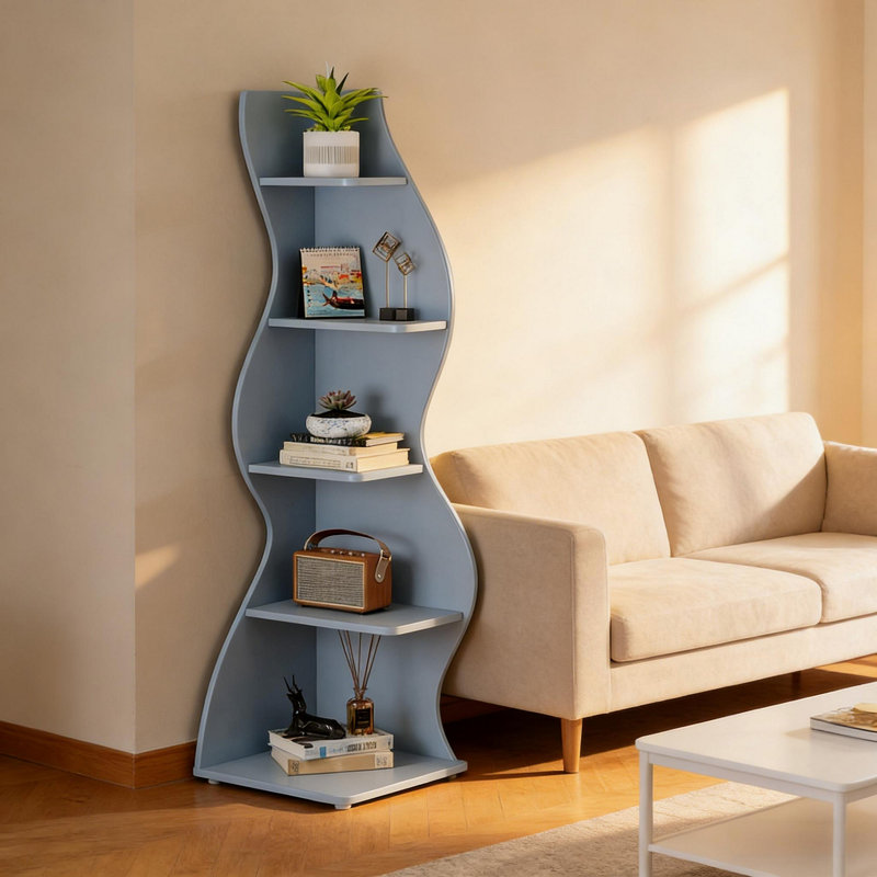 Elegant Bookcase,Spacious Wall Corner Bookshelf, Blue, (5 Shelves) 70.53"H x 19.7"W x 18.91"D