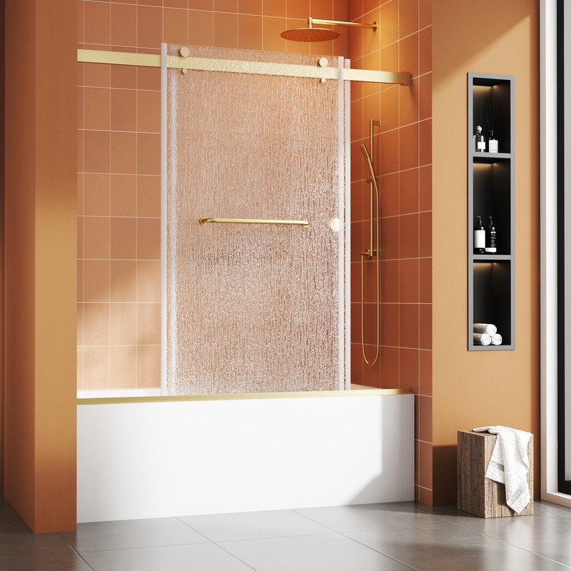 Bathtub Sliding Door 55"-60"W x 56"H Tempered Rain Glass with Explosion-Proof Film Stainless Steel Brushed Gold, Brushed Gold