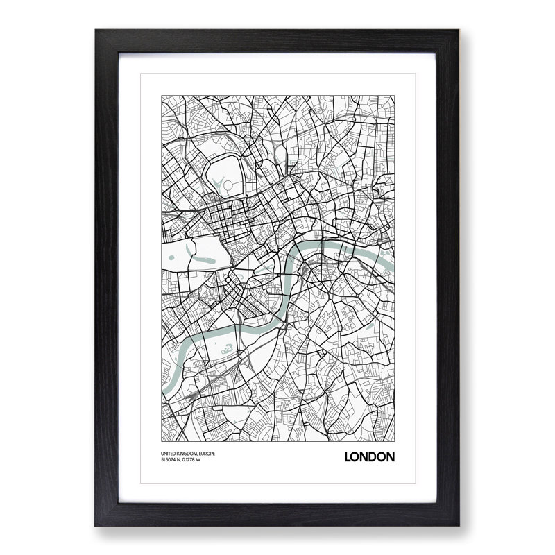 Map London UK - Framed Print, Black, 48cm H x 36cm W x 2cm D