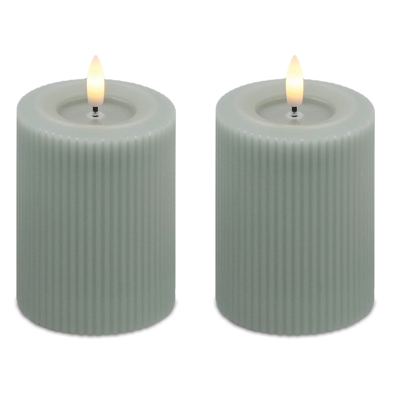 FIA Wick Sage Ribbed Pillar Candle (Set of 2), 3"D x 4"H