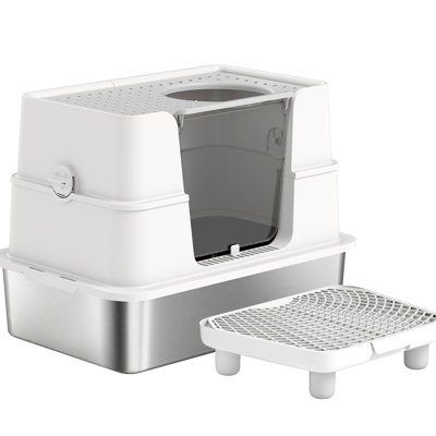Top And Side Entry Stainless Steel Cat Litter Box, 100 Wide Opening For Thorough Cleaning, Three - In One Setup, Extra Large Big Animals Enclosed Box With Dual Entrance Filter Panel, Design, Ideal