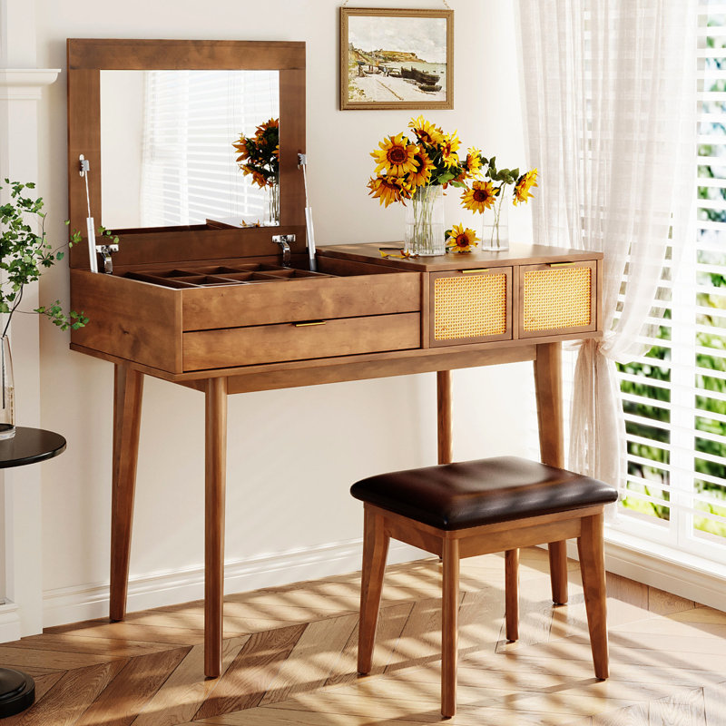 Meuble-lavabo classique en bois brun 43,3 po avec miroir rabattable, tabouret et trois tiroirs, Brown