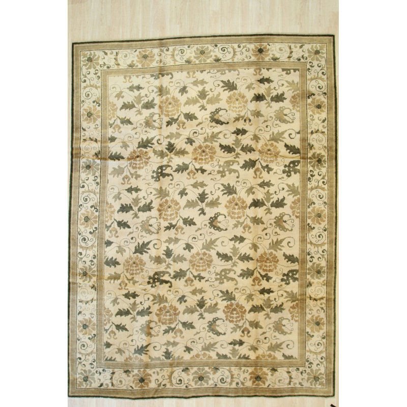 Ivory Hand-Knotted Wool Floral Scrollwork Geometric Modern Contemporary Carpet Rug, 3' x 22'