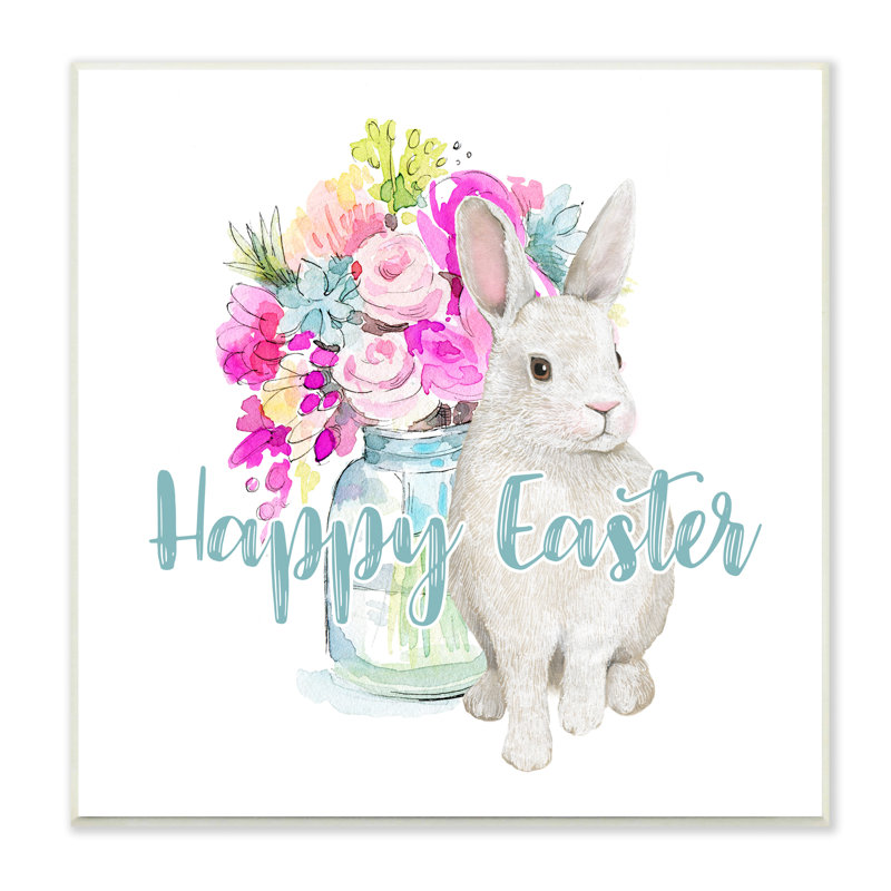 Joyeuses Pâques, calligraphie de lapin, bouquet de fleurs roses, estampe numérique encadrée de Jennifer Wambach