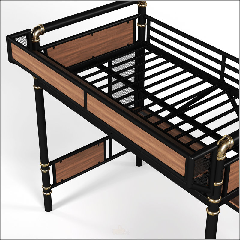 Twin XL Size Industrial Metal Loft Bed with Built-in Desk & Power Outlet, LED Strip, Metal Loft Bed Frame with Pegboard & Mesh Storage Baskets, Storage Stairs with Wardrobe, Black