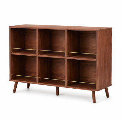 44.1" Mid Century Modern Record Player Stand with Metal Rails, Walnut Finish Turntable Cabinet for Living Room, Bedroom