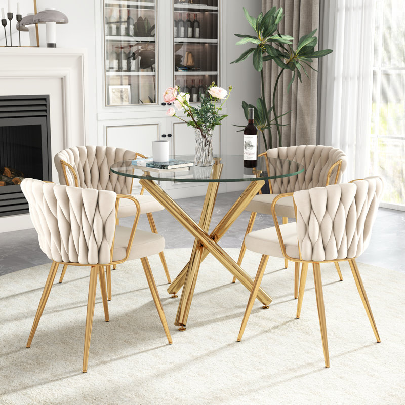 Elegant Round Glass Dining Table Set, 5 Pieces: Table, 4 Chairs, Beige, Gold