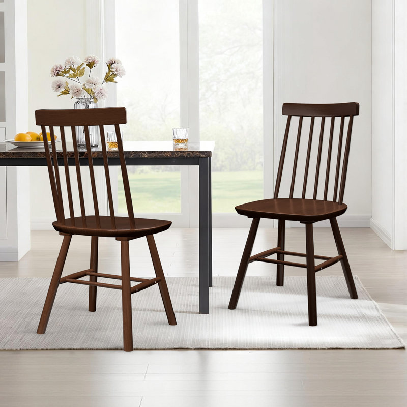 Ensemble de 2 chaises de salle à manger 7 places à dossier étroit Windsor, brun, en bois franc massif, Brun, 2