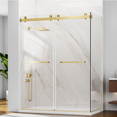 Porte de douche double en verre coulissant sans cadre de l 60 po x P 32 po x H 76 po, verre trempé de 3/8 po et 5/16 po de style GSCC, double revêtement en nano, conception en forme de L, imperméable (base de douche non incluse) , Or