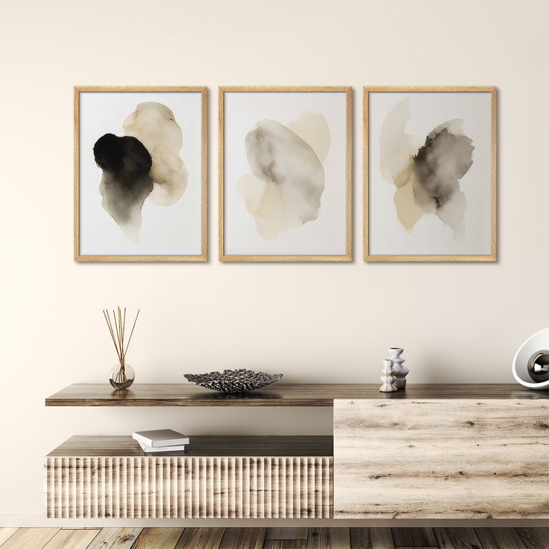 Ensemble de 3 reproductions d'art encadrées délavées à l'encre beige doux pour le couloir de chambre à coucher, Naturel