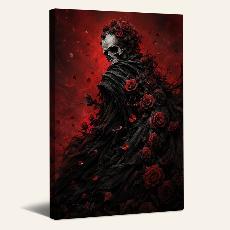 Art mural sur toile gothique squelette couvert de roses rouges, H 24 po x l 18 po