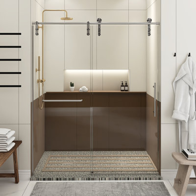 Porte de douche coulissante sans cadre avec verre trempé en nickel brossé de 56 à 60 po x H 70 po