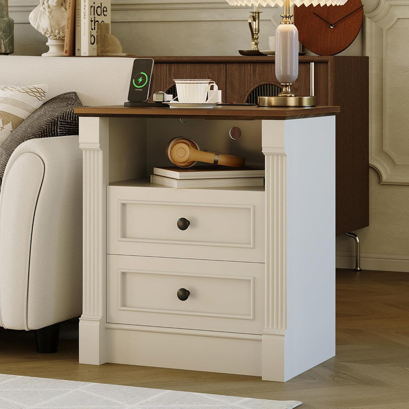 2pcs 23.6” Farmhouse Nightstand with Charging & 2 Drawers – Rustic Wood Bedside Table, Roman Column Design, End Table for Bedroom, Living Room, White
