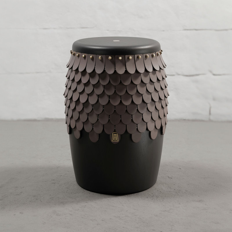 Sitiera_01 Solid Wood Stool, With Cognac Thick Leather Accents, And Aged Bronze By Andean, In Stock, Brown