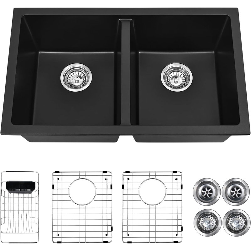 Évier de cuisine double à double cuve 50/50 en granite à double cuve à montage double Davivy 30 po x 18 po, Noir
