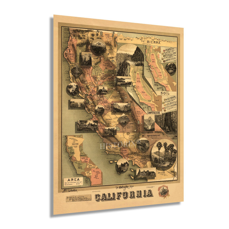 1888 California Map, affiche sur papier, H 36 po x l 24 po x P 0,01 po