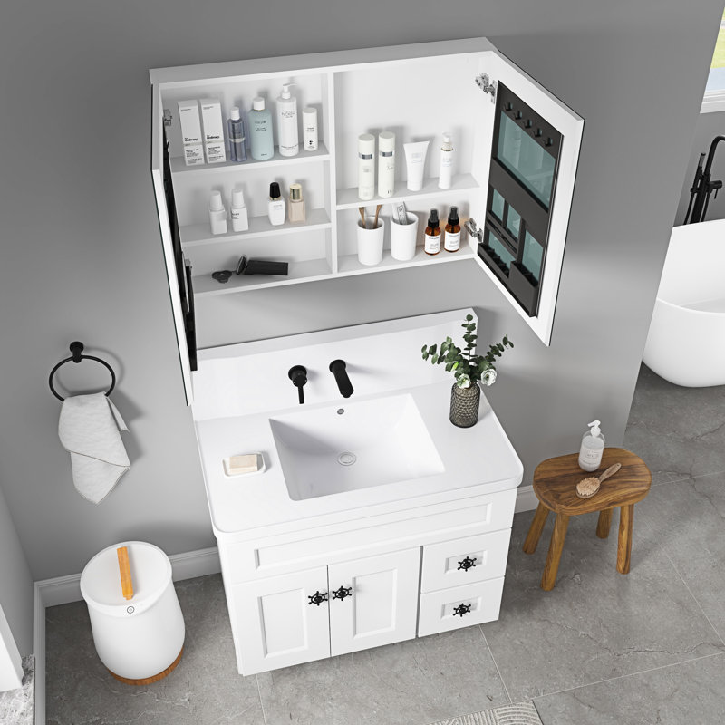 Armoire à pharmacie de salle de bain de l 36 po x H 26 po, miroir HD à bord biseauté, espace de rangement spacieux, charnière silencieuse, bois d'ingénierie, rebord de miroir blanc de 36 po 26 po, rangement intérieur spacieux, vue, système de charnières, bois,
