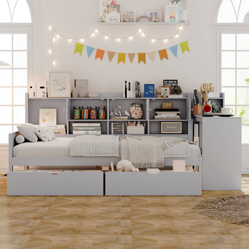 Lit de jour double avec 3 armoires de rangement et 2 tiroirs, structure en L en bois avec bureau d'étude et bibliothèque intégrée, lit multifonctionnel pour chambre d'amis