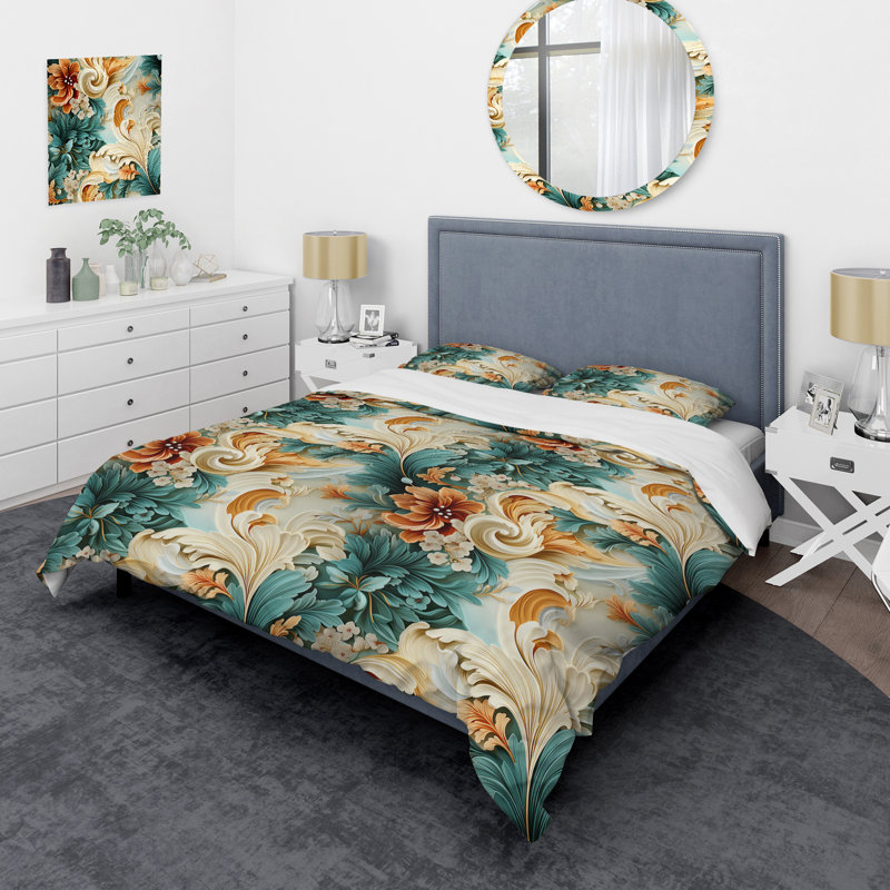 Literie rustique à motif cachemire turquoise et jardins, Housse de couette pour grand lit et 2 taies décor