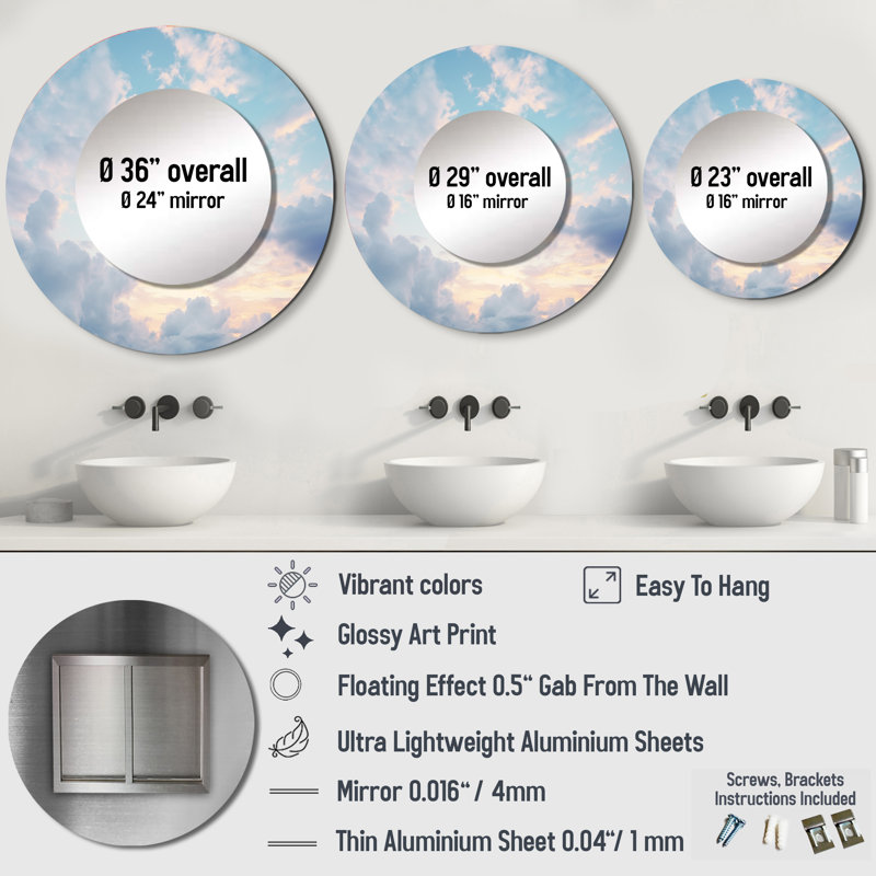 Miroir rond blanc avec décor de paysage blanc Pure Elegance I, 23 po x 23 po