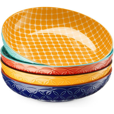 This 8.5-Inch Embossed Porcelain Bowl Set (Four Pieces) Features Vibrant Colors And Is Suitable For Serving Pasta, Salads, And Soups. It Is Microwave, Oven, And Dishwasher Safe.