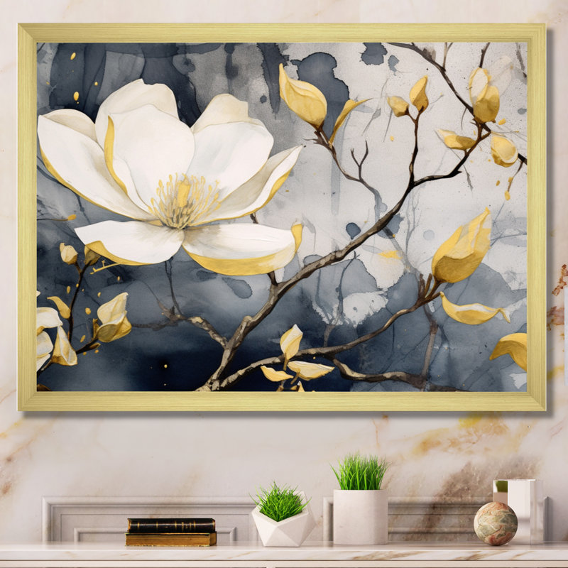 Jaune jaune, gris, magnolia, nature, élégance III - art mural sur toile florale, H 24 po x l 32 po x P 1 po, Encadrement doré