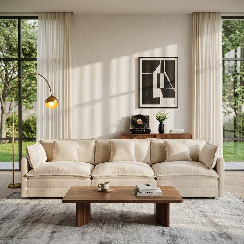 Canapé rembourré, canapé en chenille, 3 places, pour le salon, 33" H x 111.4" W x 34.2" D, Café clair