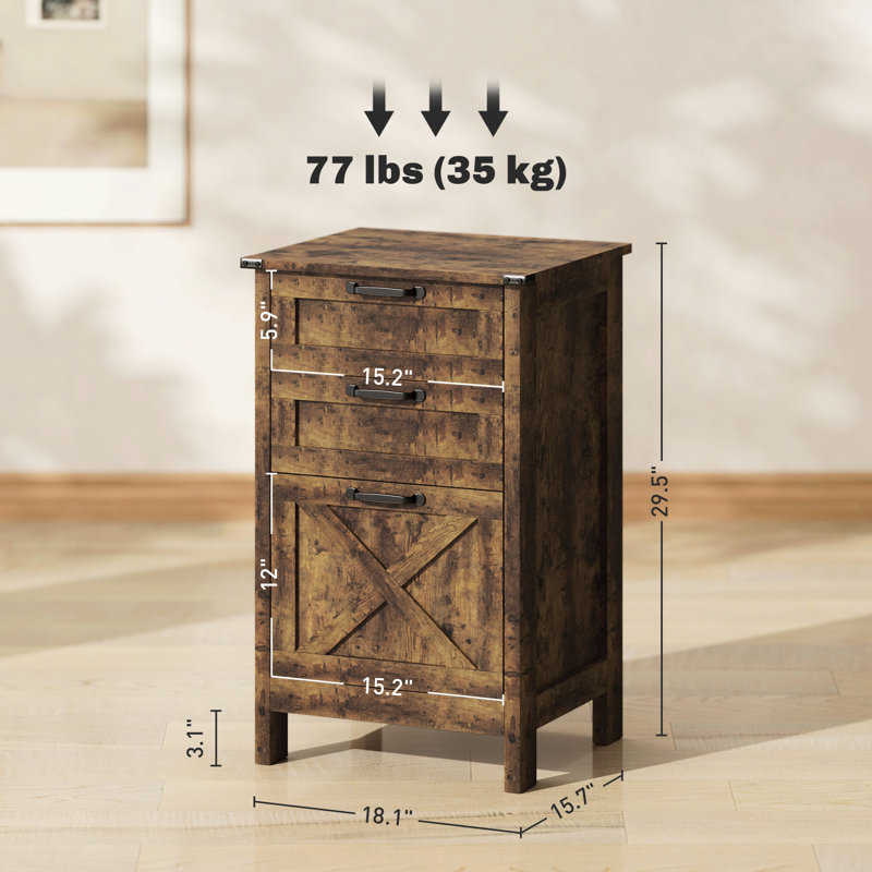 Armoire de rangement pour la maison et le bureau avec 3 tiroirs - style rustique, deux petits et grands tiroirs, mouvement de tiroir silencieux, support basculant, placage à griffes, dossier brun à capacité verticale de 77 lb, porte de grange