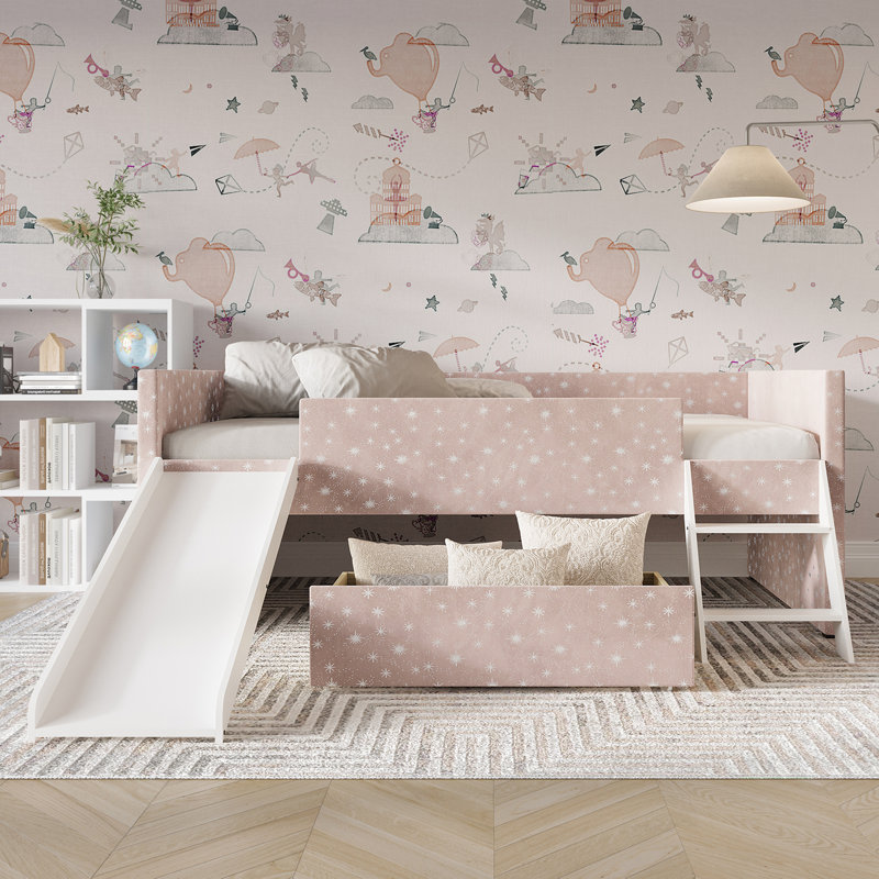 Antelmo Kids Twin Loft Bed with Drawers, Pink