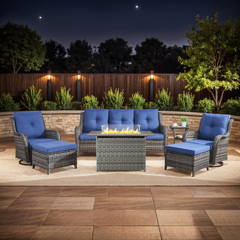 Carolina 7 - Pieces Sofa Seating Group With Fire Pit With Cushions, Blue/Gray