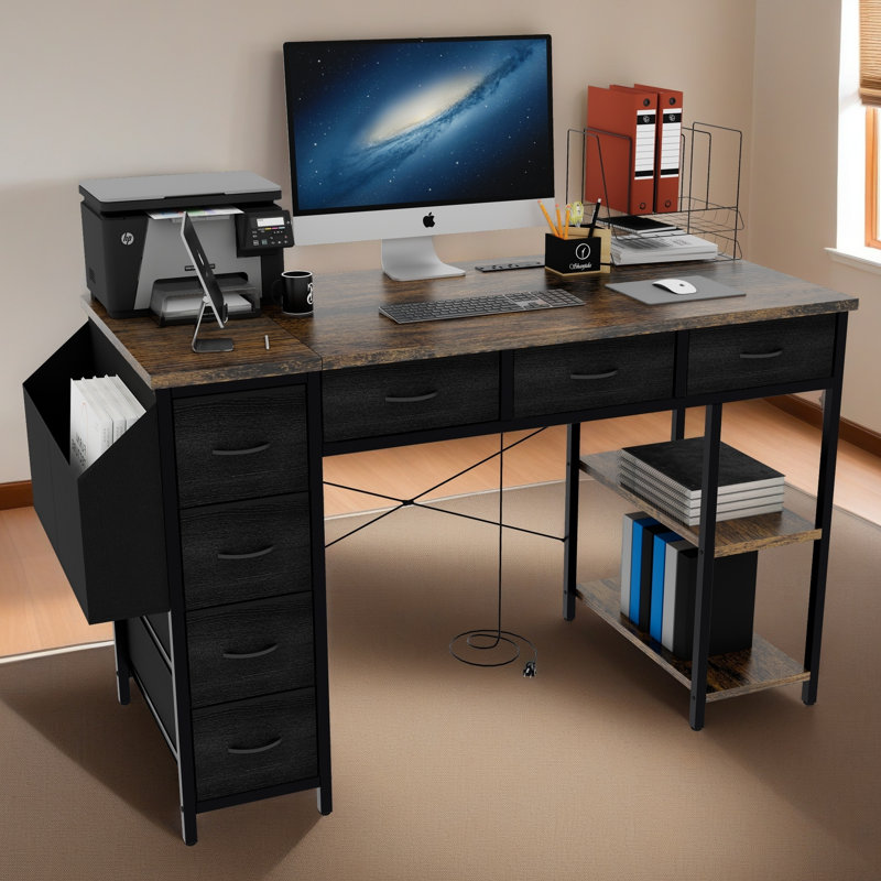 47" Computer Desk With Power Outlet,Writing Desk With 7 Fabric Drawers,Vanity Table Drawers And Large Side Pocket