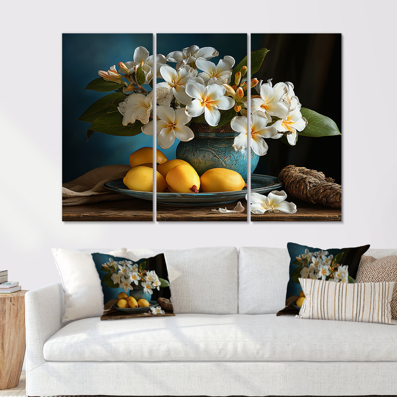 Plumeria Vase Bouquet Still Life - Plumeria, ensemble d'art sur toile, H 32 po x l 48 po x P 1 po