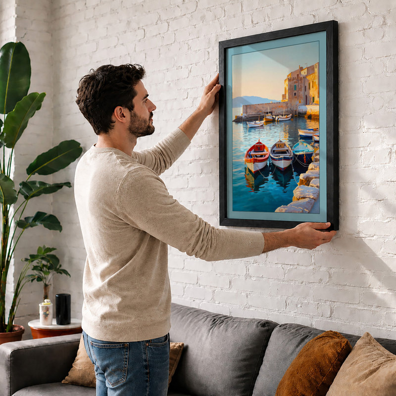 Fortress and Fishing Boats Coastal - Framed Print, A4 - 29.7 x 21.0 cm, Walnut