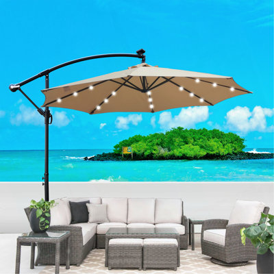 Parasol de terrasse à énergie solaire 10 pi avec parasol 8 lumières à DEL avec manivelle et base transversale pour terrasse de jardin et abri de piscine extérieur