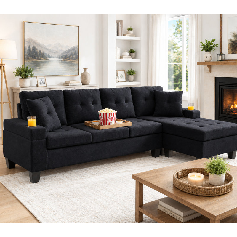 Reversible Linen Fabric Sectional Sofa with Chaise & Cupholders, Modern L-Shaped Couch (Left/Right Facing), Black