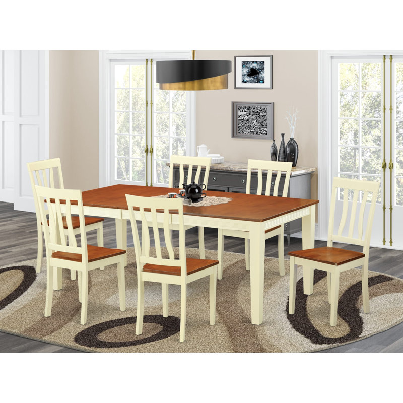 7 Piece Dining Table Set Consist of a Rectangle Dinner Table with Butterfly Leaf and 6 Dining Room Chairs, Buttermilk & Cherry