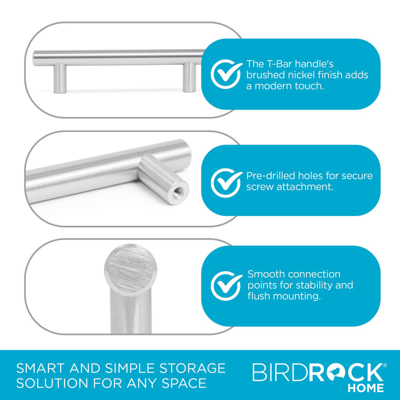 BIRDROCK HOME Simple Modern Rounded T-Bar Handle - Brushed Nickel - 3.75 Inch Kitchen & Bathroom Cupboard - 25 Pack - Sleek Furniture Hardware - Drawer Pull Trad - Stylish Stainless Steel Design