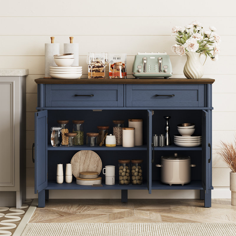 Buffet Buffet avec tiroirs, tablettes et portes, H 34,2 po x l 47,2 po x P 14,9 po, Blue/Walnut