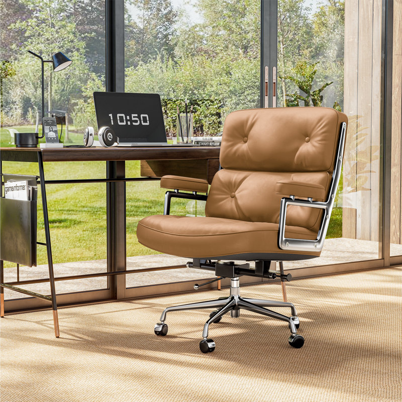 Fauteuil de direction en cuir véritable avec structure et roues en aluminium, fauteuil de bureau pivotant avec dossier épais et soutien lombaire ergonomique