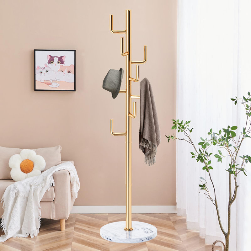 Metal Modern Coat Racks, Cactus Coat Rack Freestanding With Natural Marble Base, Golden Coat Rack Stand With 8 Hooks For Bags, Hats, Entryway, Office