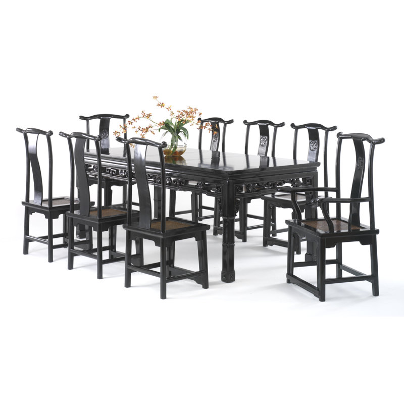 Hangzhou Solid Wood Top Metal Base Dining Table, Black Lacquer
