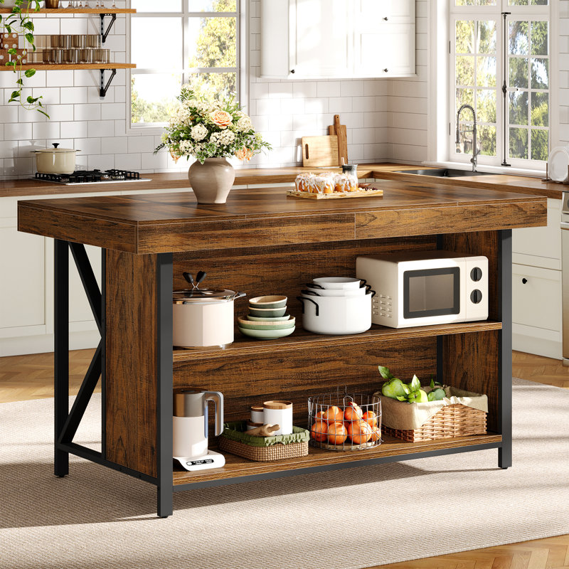 55-inch Kitchen Stationary Island with Storage,Center Bar Table with 3-Tier Storage for Kitchen, Dining Room
